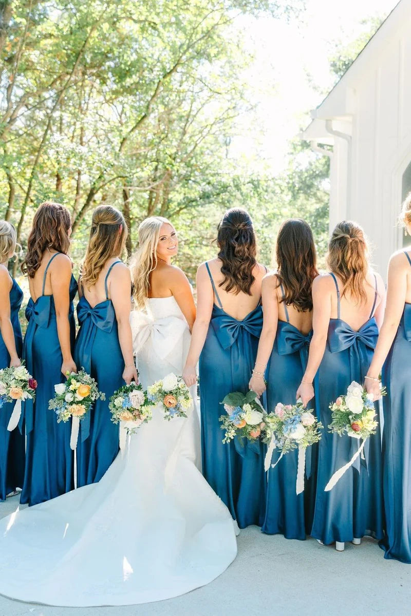 Square Spaghetti Straps Long Bridesmaid Dress With Bow – Movousdress