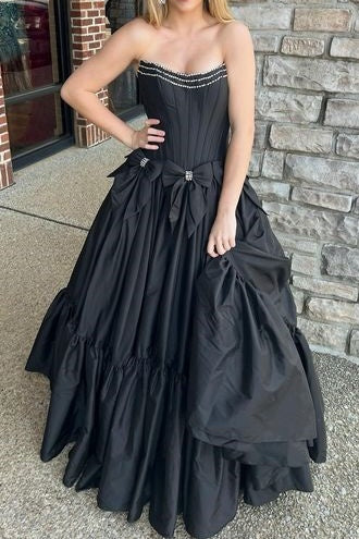 Strapless Empire Satin A-Line With Bowknots Long Party Prom Dress