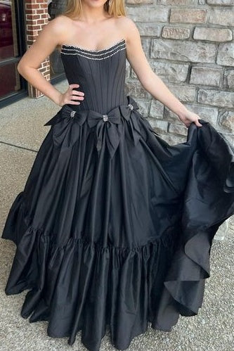 Strapless Empire Satin A-Line With Bowknots Long Party Prom Dress