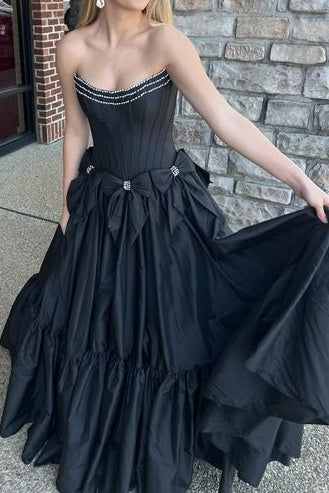 Strapless Empire Satin A-Line With Bowknots Long Party Prom Dress