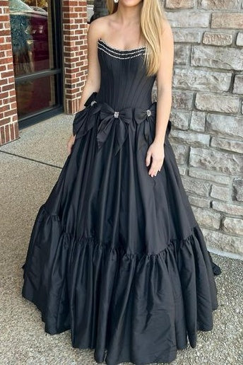 Strapless Empire Satin A-Line With Bowknots Long Party Prom Dress