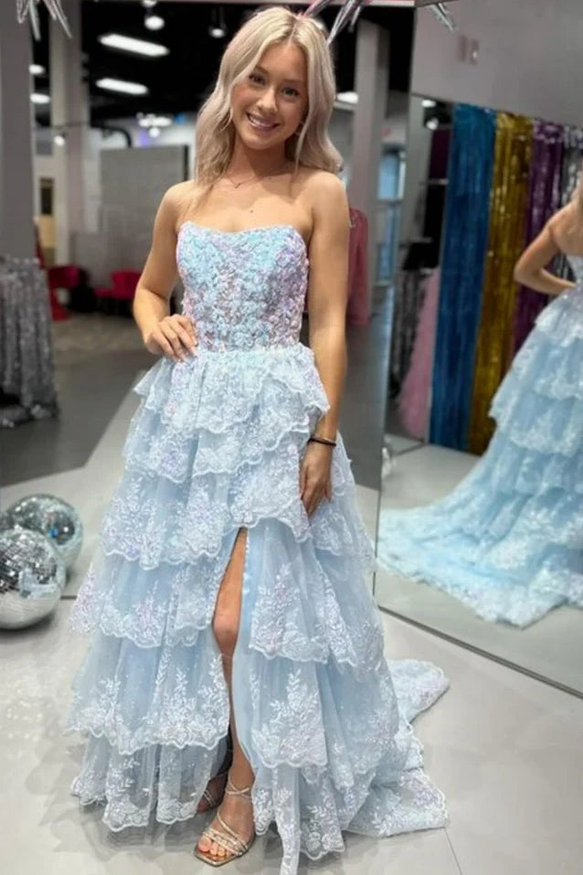 Strapless Emppire Lace Tiered Prom Dress With Slit