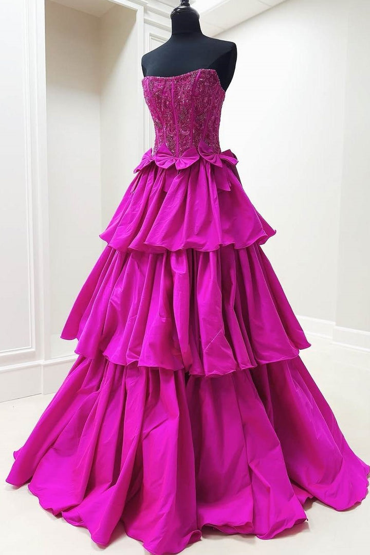 Strapless Satin A-Line Appliques Tiered Party Prom Dress