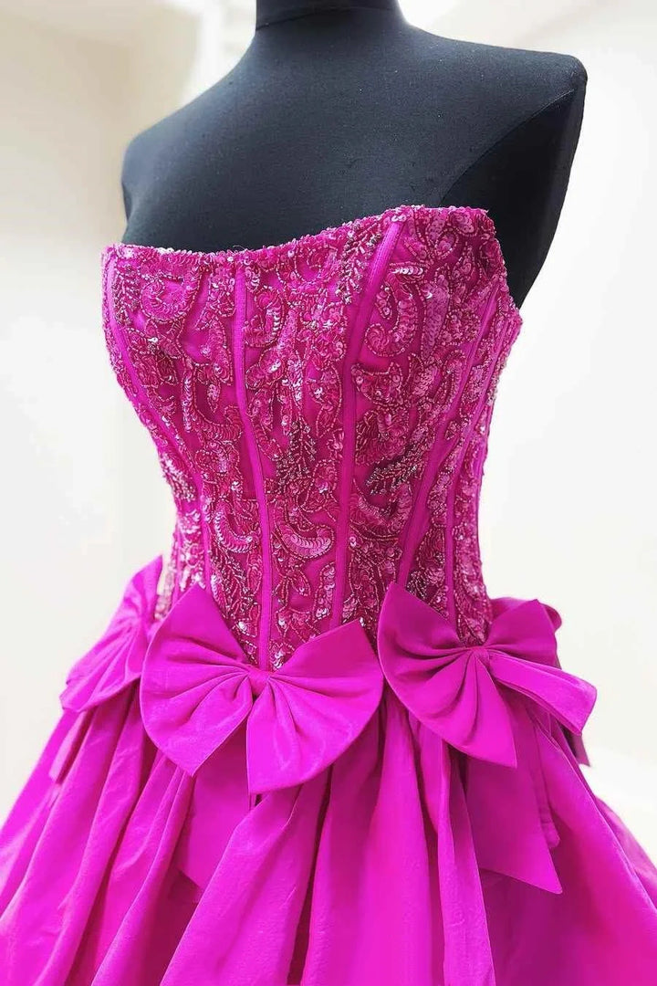 Strapless Satin A-Line Appliques Tiered Party Prom Dress
