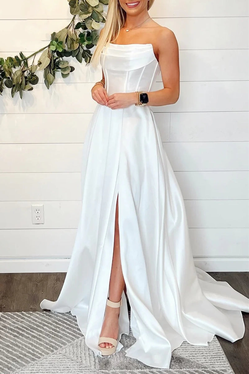 Strapless Satin A-Line With Side Slit Long Wedding Dress