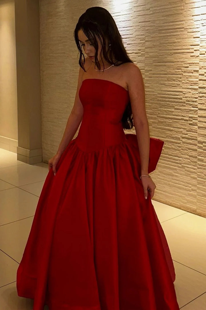 Strapless Satin A-Line Party Prom Dress With Bow