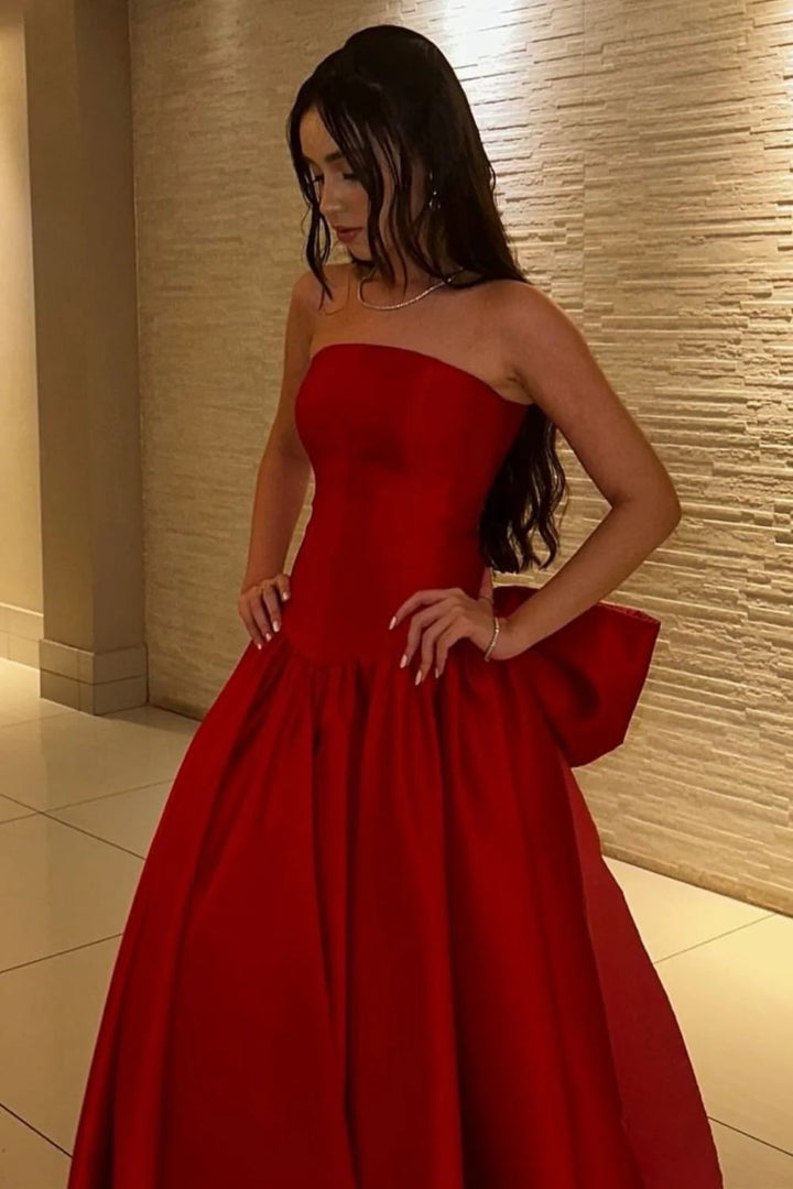 Strapless Satin A-Line Party Prom Dress With Bow