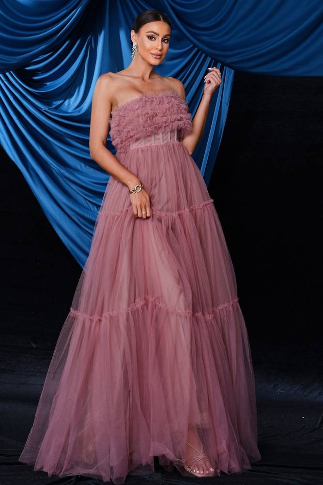 Strapless Tulle A-Line Long Party Evening Dress