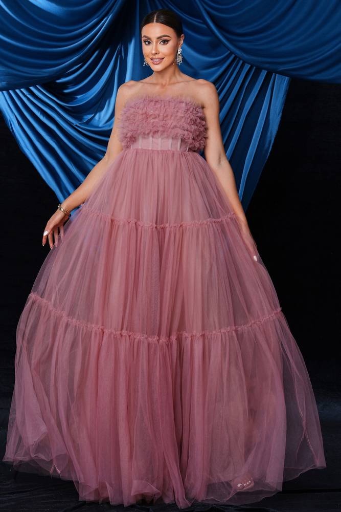 Strapless Tulle A-Line Long Party Evening Dress