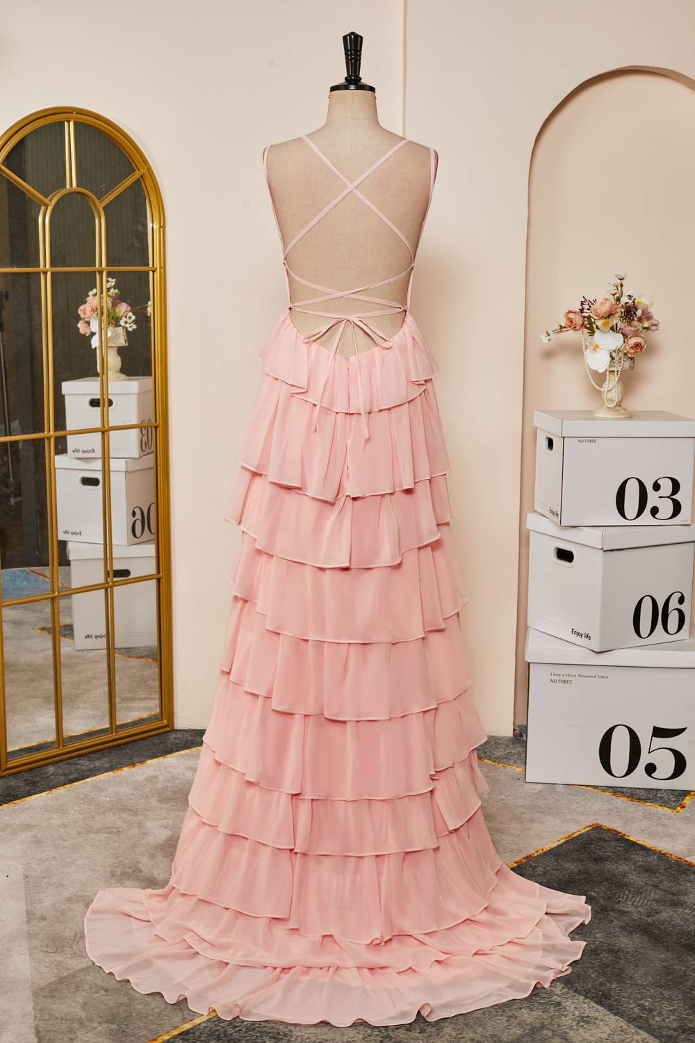 Straps Pink Chiffon Lace-Up Layers Mermaid Long Prom Dress