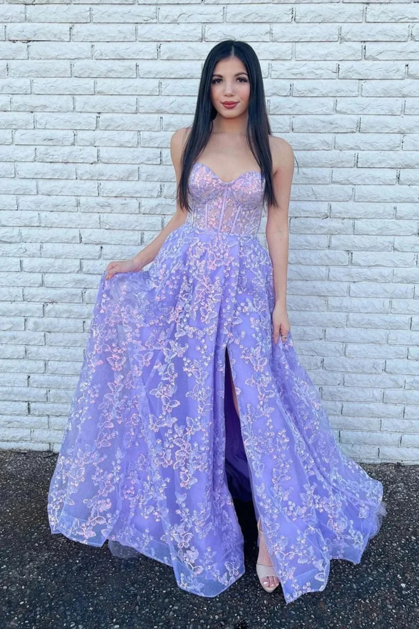 Sweetheart Empire Lace Sequins Appliques With Slit Prom Dress