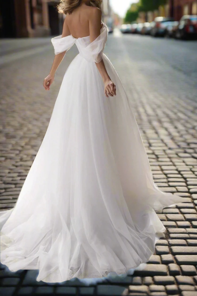 Sweetheart Off-Shoulder Beaded Empire Tulle A-Line Wedding Dress Movousdress Sweetheart Off-Shoulder Beaded Empire Tulle A-Line Wedding Dress Movousdress