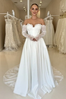 Sweetheart Off-Shoulder Satin A-Line Long Wedding Dress