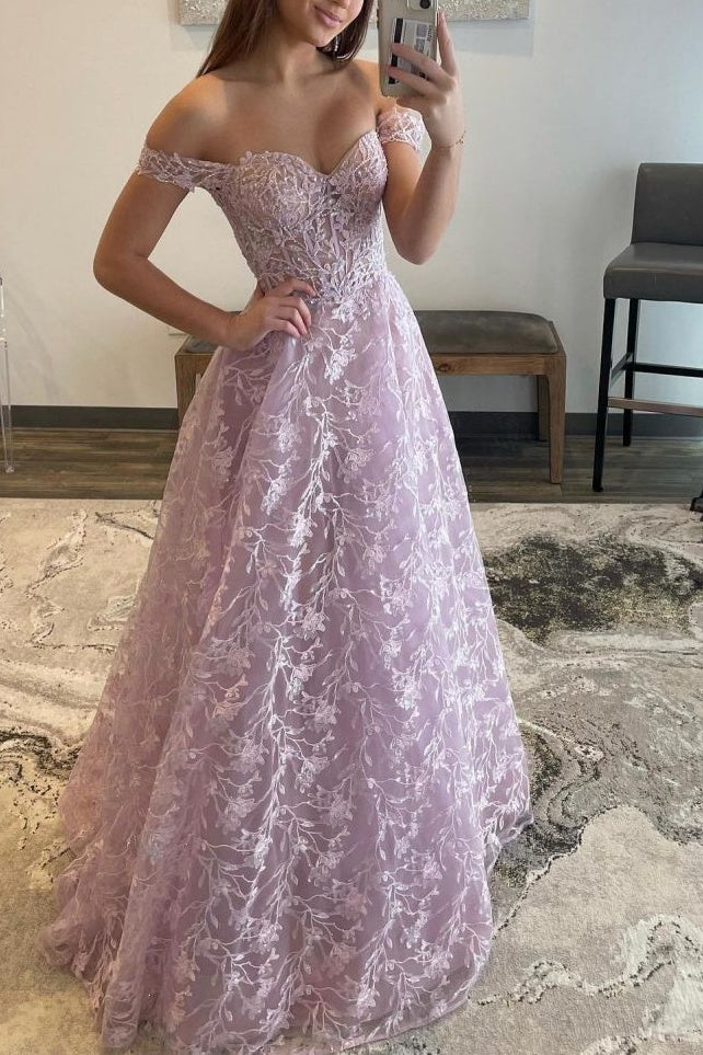 Sweetheart Off-Shoulder Tulle A-Line Appliques Prom Dress