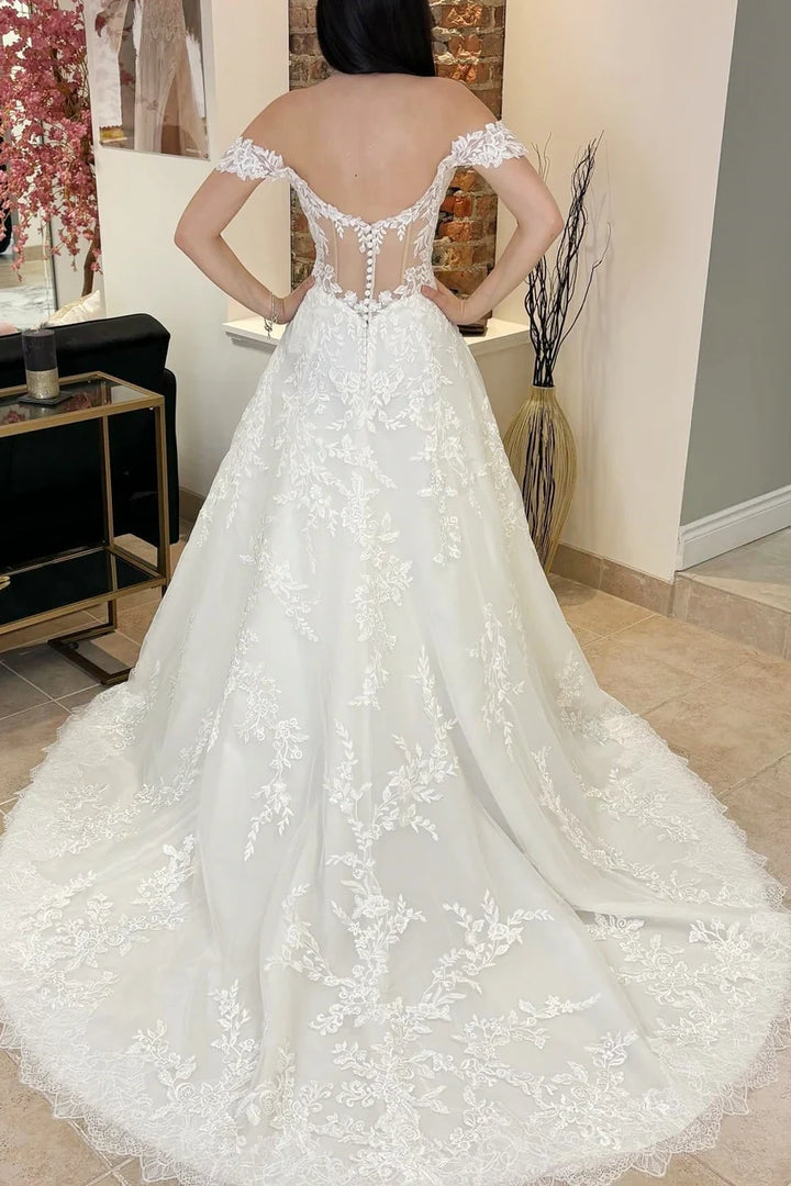 Sweetheart Off-Shoulder Tulle A-Line With Train Wedding Dress