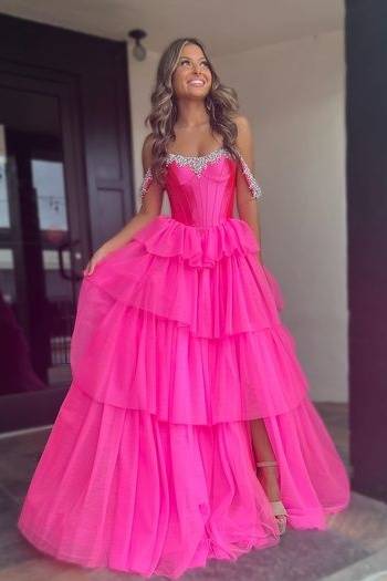 Sweetheart Off-Shoulder Tulle A-Line Beaded Tiered Prom Dress