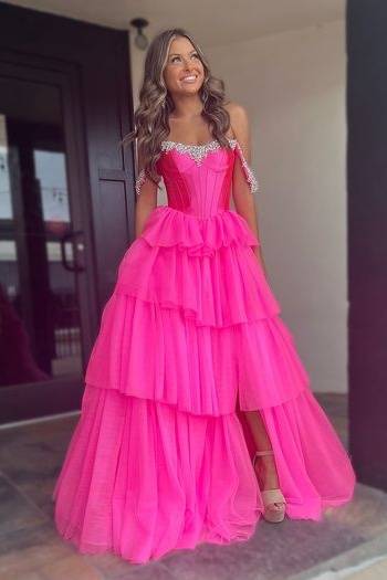 Sweetheart Off-Shoulder Tulle A-Line Beaded Tiered Prom Dress