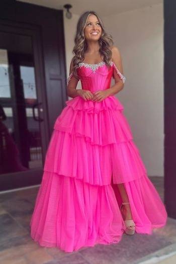 Sweetheart Off-Shoulder Tulle A-Line Beaded Tiered Prom Dress