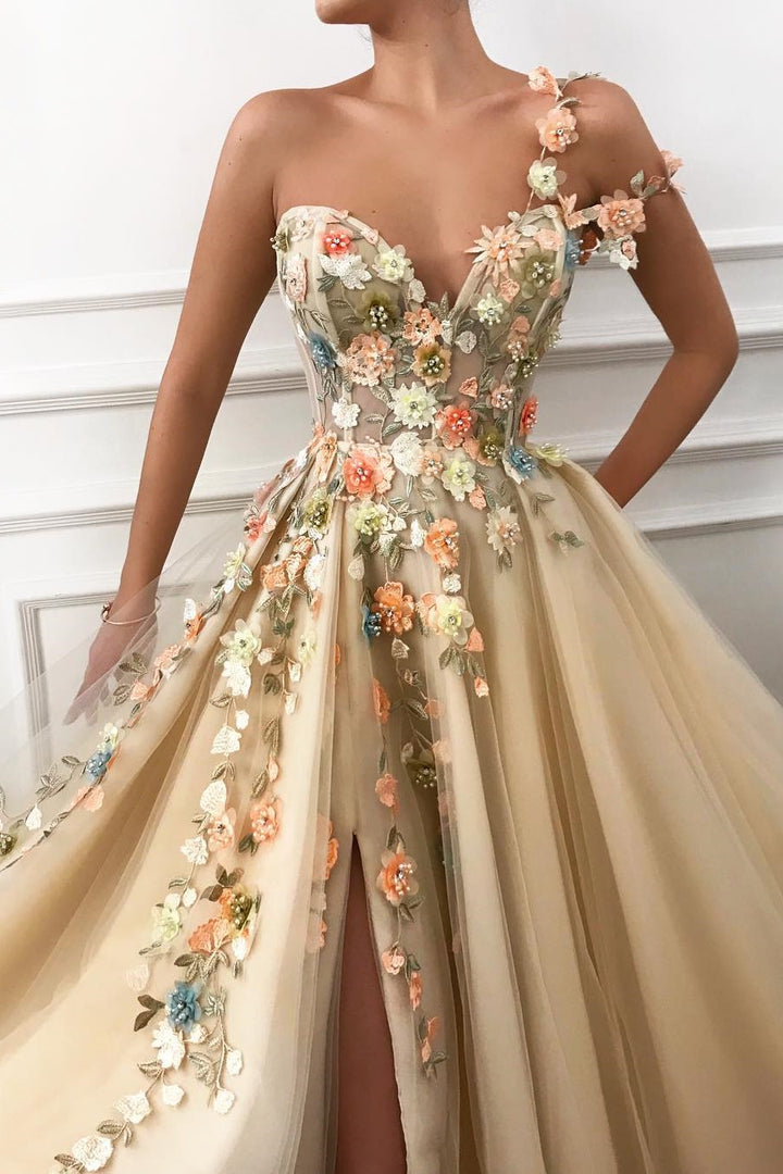 Sweetheart One Shoulder Florals Appliques Tulle A-Line Prom Dress