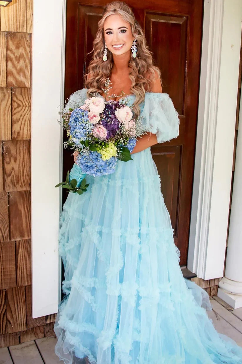 Sweetheart Puff Sleeves Empire Tulle A-Line With Train Prom Dress