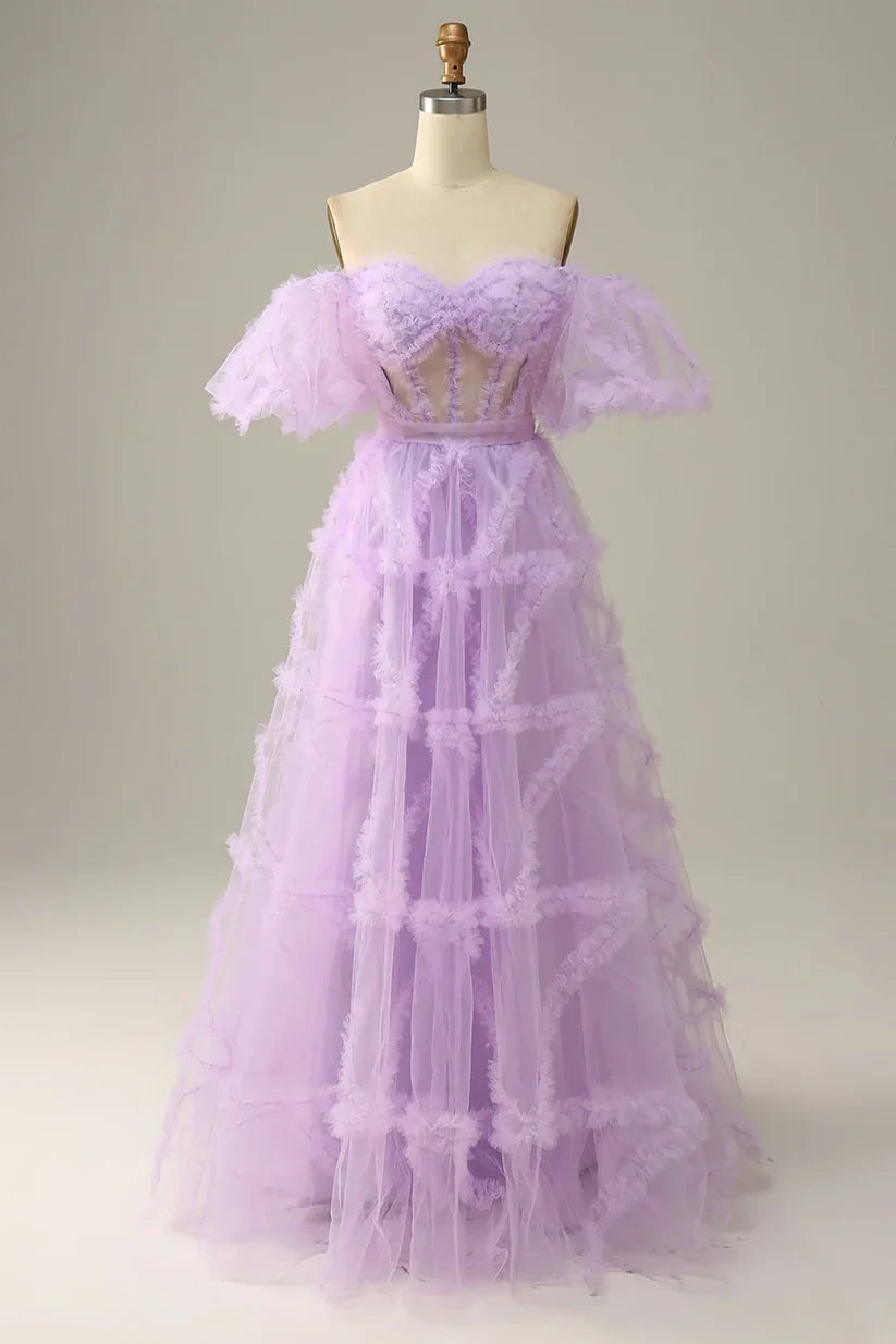 Sweetheart Puff Sleeves Empire Tulle A-Line With Train Prom Dress