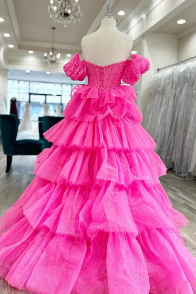 Sweetheart Puff Sleeves Tiered A-Line Party Prom Dress