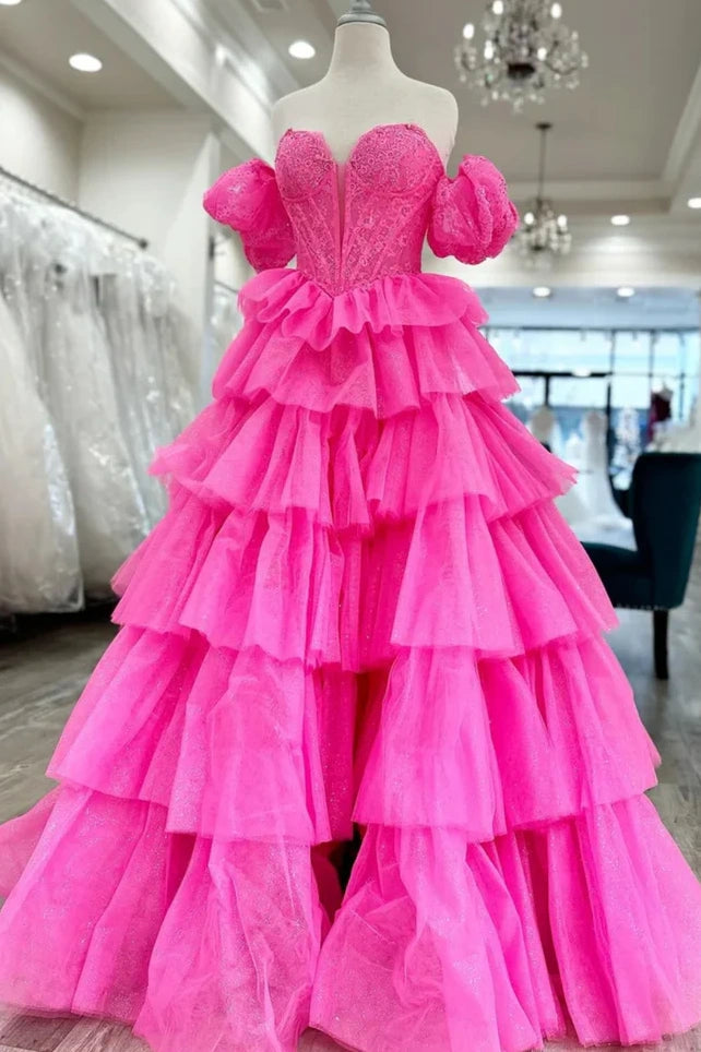 Sweetheart Puff Sleeves Tiered A-Line Party Prom Dress