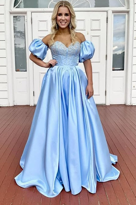 Sweetheart Short Sleeves Beaded A-Line Prom Party Dress