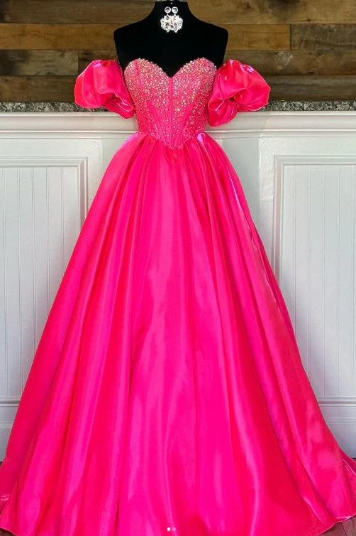 Sweetheart Short Sleeves Beaded A-Line Prom Party Dress
