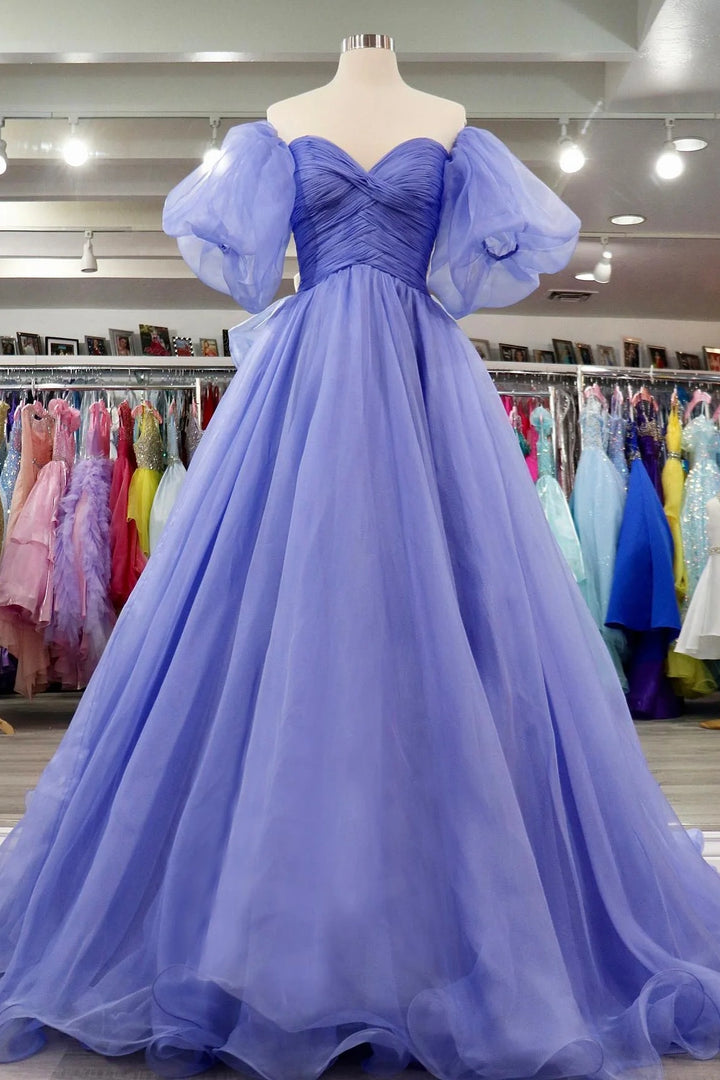 Sweetheart Short Sleeves Tulle A-Line Long Prom Dress