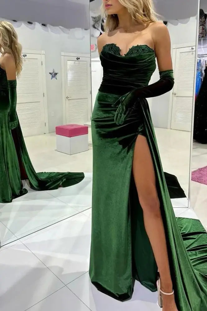 Sweetheart Sleeveless Empire With Side Slit Velvet Prom Dress