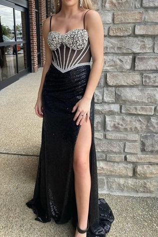 Sweetheart Spaghetti Sreaps Beaded With Side Slit Prom Dress