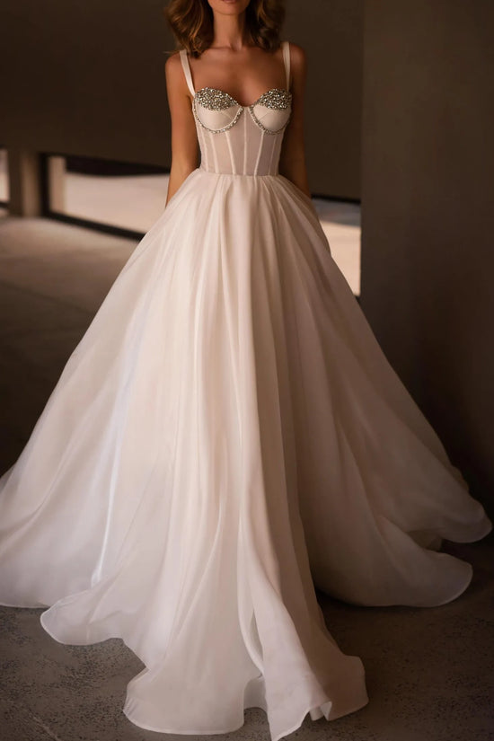 Sweetheart Spaghetti Straps Beaded Sheer Empire Chiffon Wedding Dress