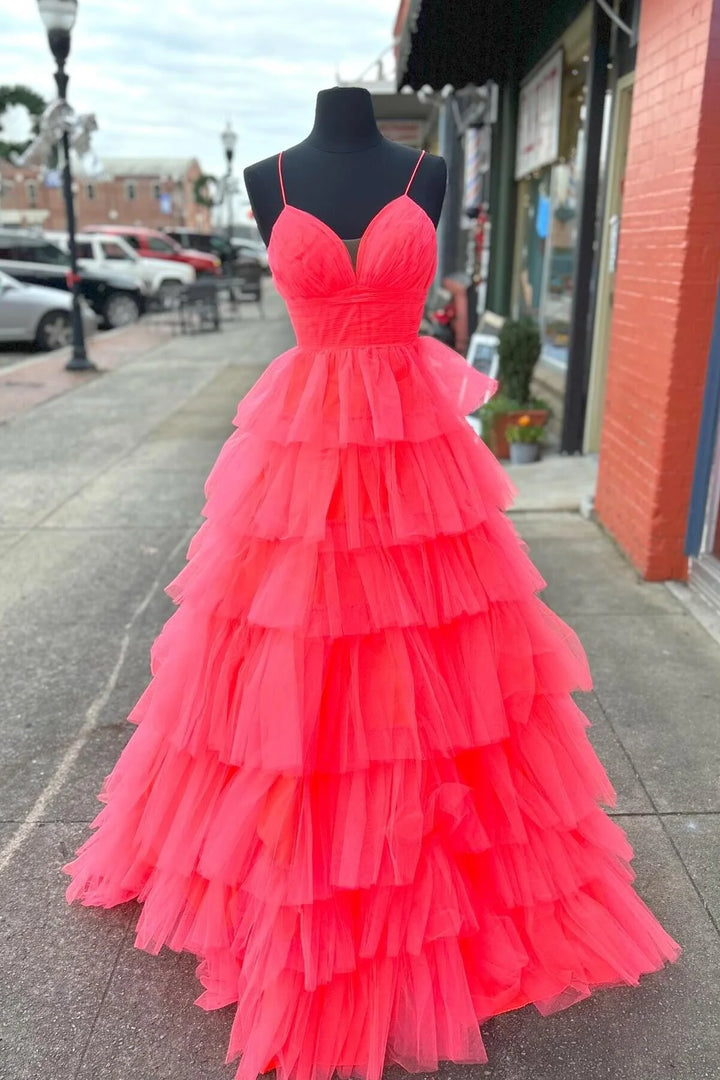 Sweetheart Spaghetti Straps Tulle A-Line Tiered Long Prom Dress