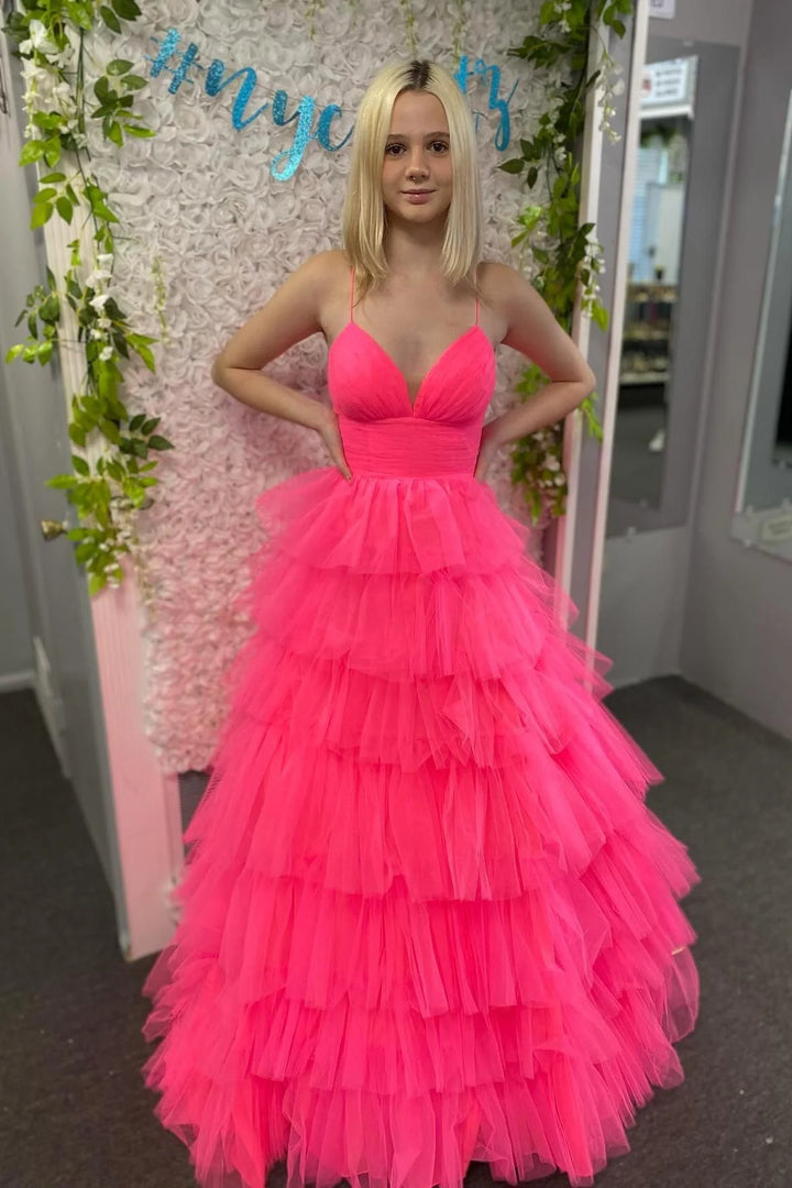 Sweetheart Spaghetti Straps Tulle A-Line Tiered Long Prom Dress