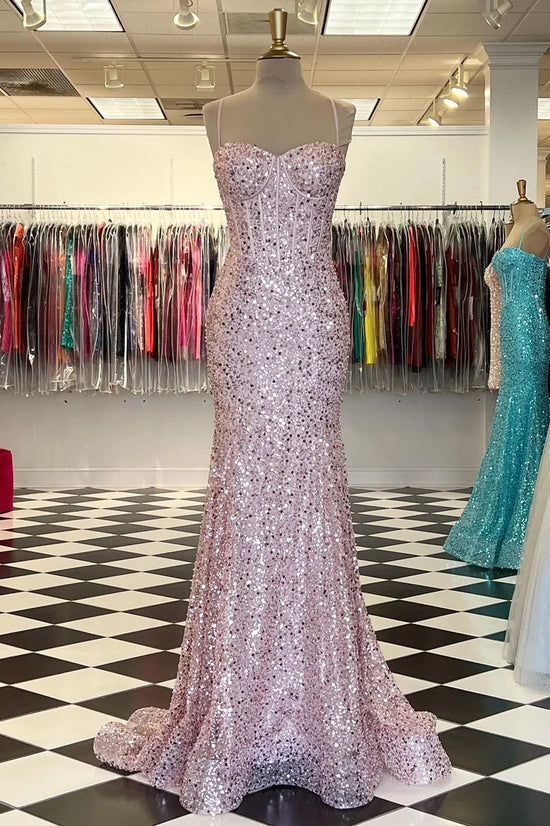 Sweetheart Spaghetti Straps With Train Sequins Party Prom Dress