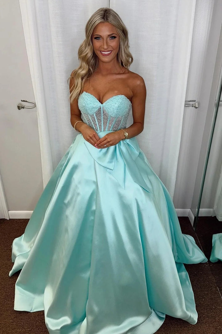 Sweetheart Strapless A-Line Beaded Prom Dress With Bow