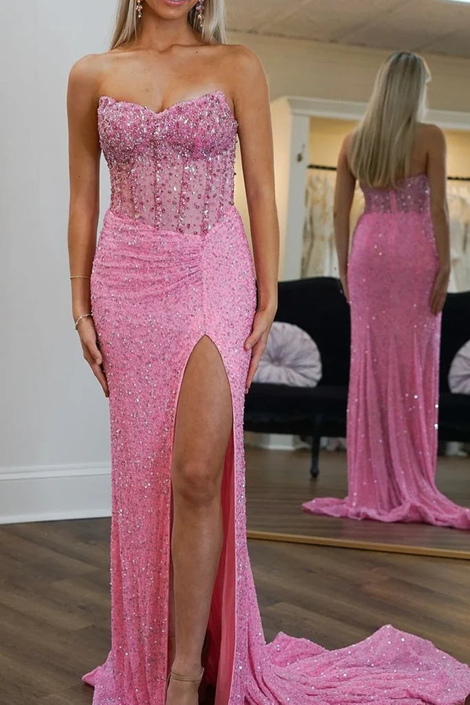 Sweetheart Strapless Empire Beaded Prom Dress With Train