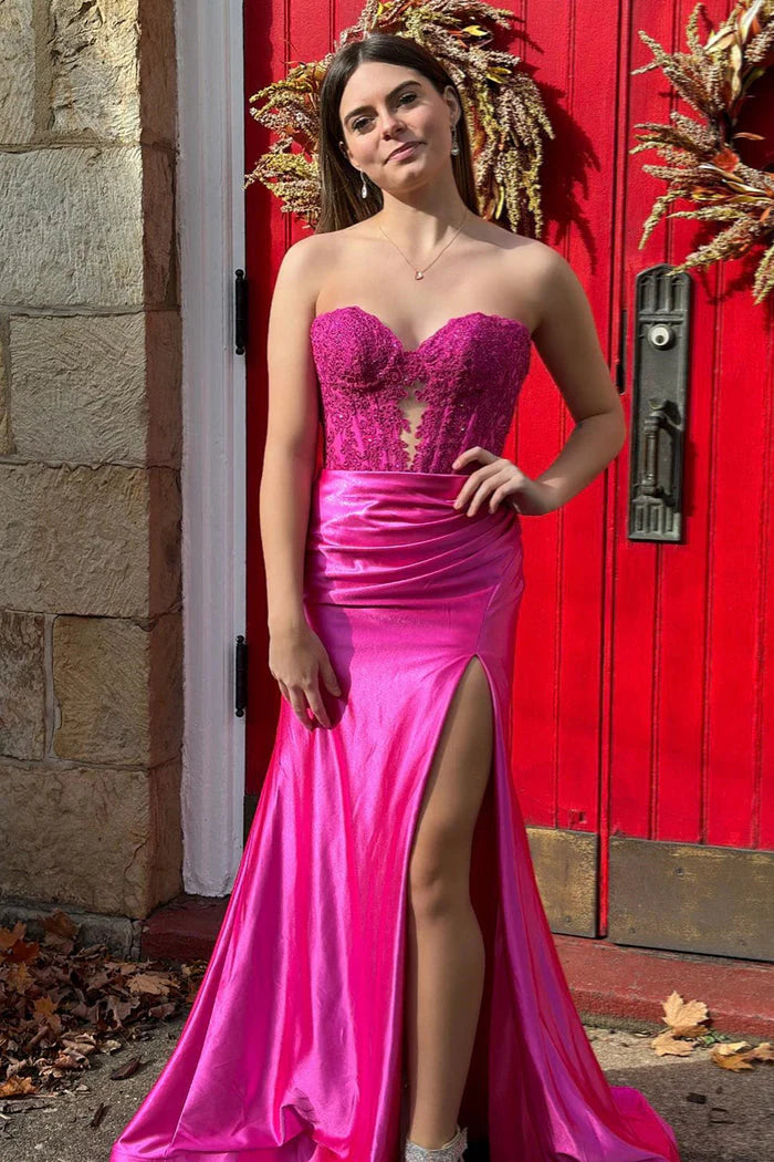 Sweetheart Strapless Lace Appliques Mermaid Prom Dress