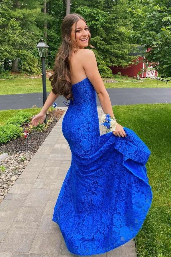 Sweetheart Strapless Lace Mermaid Party Prom Dress With Slit
