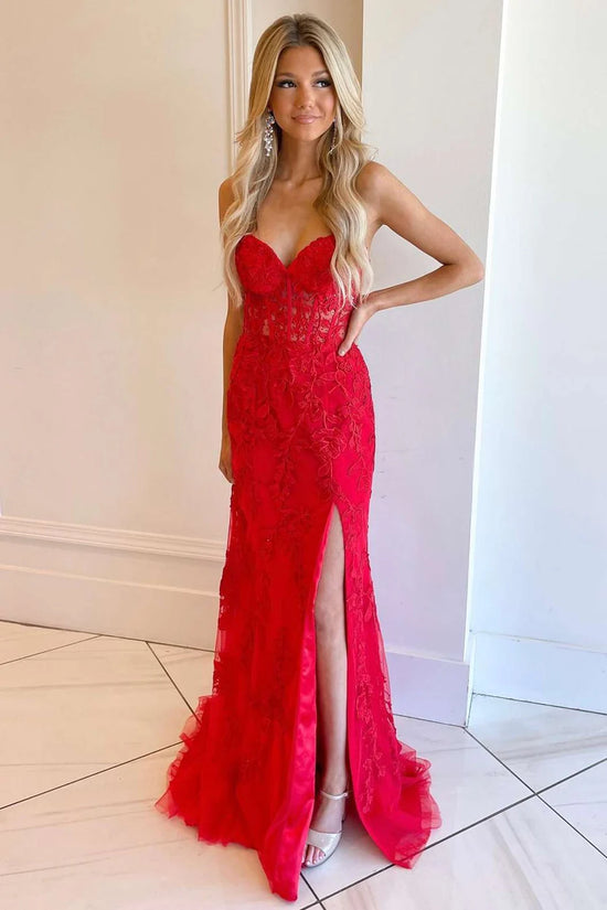 Sweetheart Strapless Lace Mermaid Party Prom Dress With Slit