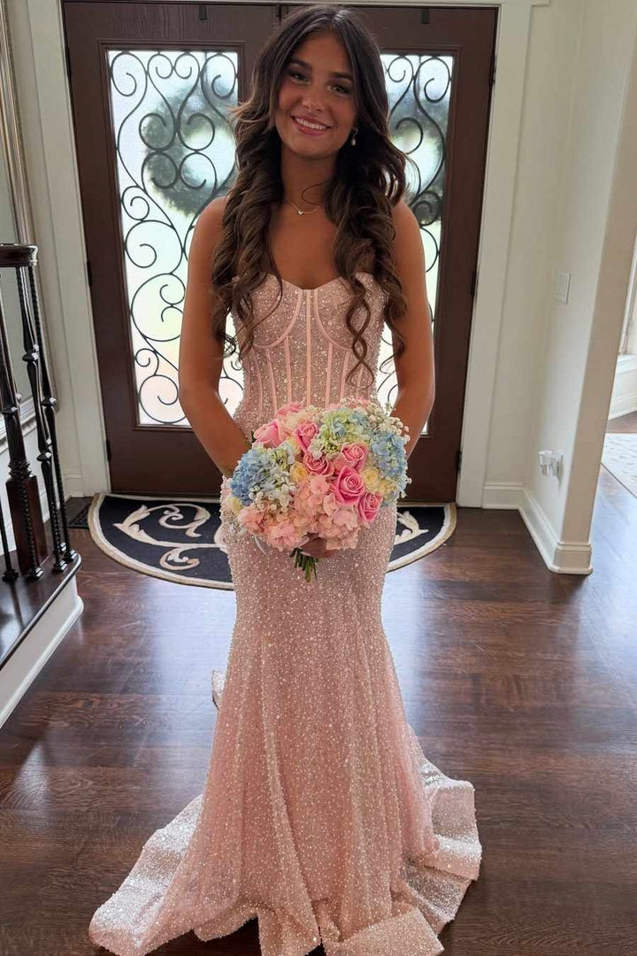 Sweetheart Strapless Mermaid Sequin Long Party Prom Dress