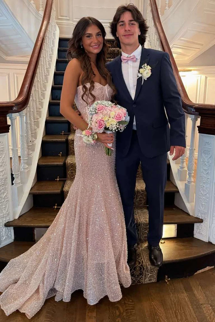 Sweetheart Strapless Mermaid Sequin Long Party Prom Dress