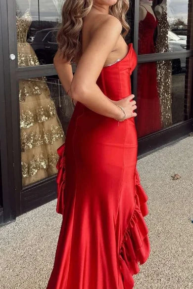 Sweetheart Strapless Satin Party Prom Dress With Ruffled Train