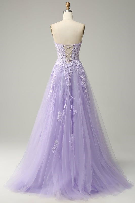 Sweetheart Strapless Tulle A-Line Appliques Long Formal Dress