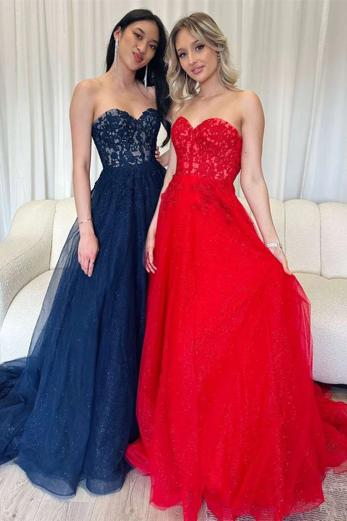 Sweetheart Strapless Tulle A-Line Appliques Long Prom Dress