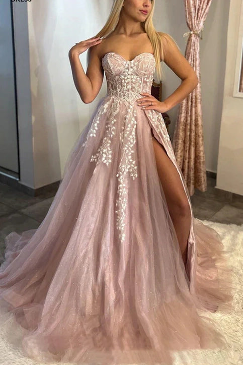 Sweetheart Strapless Tulle A-Line Appliques With Side Slit Prom Dress