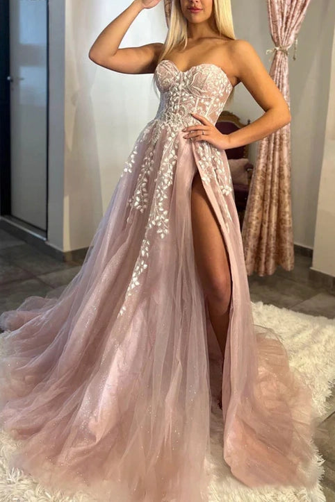 Sweetheart Strapless Tulle A-Line Appliques With Side Slit Prom Dress