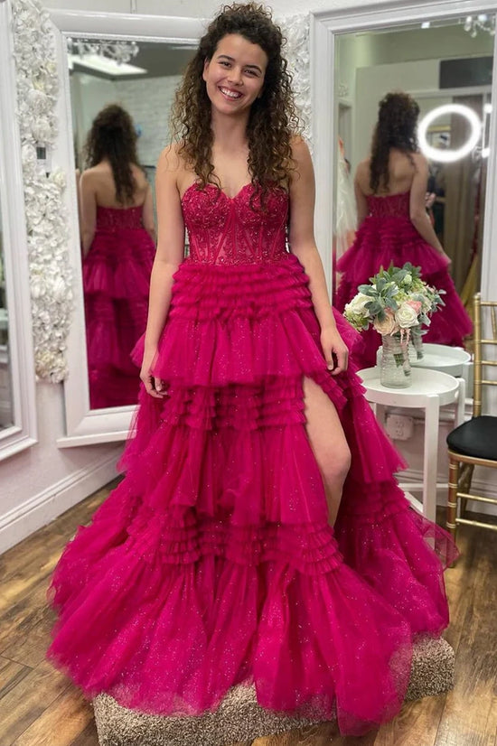 Chic Tulle A-Line Sweetheart Strapless Tiered Long Party Prom Dress