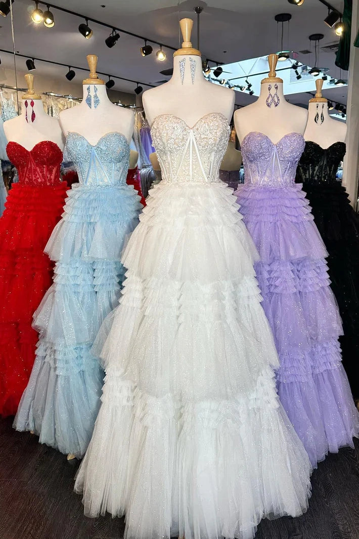 Chic Tulle A-Line Sweetheart Strapless Tiered Long Party Prom Dress